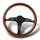 W-Power 14" 350mm 6-Bolt Hole Classic Style Dark Wood Mahogany Grain Grip With Aluminum Finished 3-Spoke Steering Wheel -Black Center Spoke