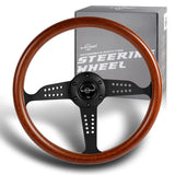 W-Power 14" 350mm 6-Bolt Hole Classic Style Dark Wood Mahogany Grain Grip With Aluminum Finished 3-Spoke Steering Wheel -Black Center Spoke
