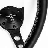 W-Power 15" 380mm 6-Bolt Hole JDM Euro VIP Style Classic Trim Grip With Aluminum Finished 3-Spoke 3 Inches Deep Dish Steering Wheel -Black Leather Grip With White Stitch/Matte Center Spoke