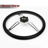 W-Power 15" 380mm 6-Bolt Hole JDM Euro VIP Style Classic Trim Grip With Aluminum Finished 3-Spoke 3 Inch Deep Dish Steering Wheel -Black Leather Grip With White Stitch/Chrome Center Spoke