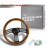W-Power 14" 350mm 6-Bolt Hole Vintage Style Dark Wood Grip With Aluminum Finished 3-Spoke 3 Inches Deep Dish Steering Wheel -Black Center Spoke