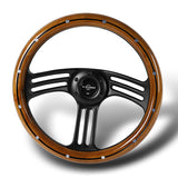 W-Power 14" 350mm 6-Bolt Hole Vintage Style Dark Wood Grip With Aluminum Finished 3-Spoke 3 Inches Deep Dish Steering Wheel -Black Center Spoke