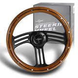 W-Power 14" 350mm 6-Bolt Hole Vintage Style Dark Wood Grip With Aluminum Finished 3-Spoke 3 Inches Deep Dish Steering Wheel -Black Center Spoke