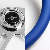 W-Power 14" 350mm 6-Bolt Hole Vintage Style Blue Leather Grip With Aluminum Finished 3-Spoke Steering Wheel -Chrome Center Spoke