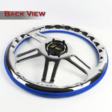 W-Power 14" 350mm 6-Bolt Hole Vintage Style Blue Leather Grip With Aluminum Finished 3-Spoke Steering Wheel -Chrome Center Spoke