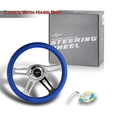 W-Power 14" 350mm 6-Bolt Hole Vintage Style Blue Leather Grip With Aluminum Finished 3-Spoke Steering Wheel -Chrome Center Spoke
