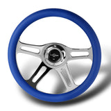 W-Power 14" 350mm 6-Bolt Hole Vintage Style Blue Leather Grip With Aluminum Finished 3-Spoke Steering Wheel -Chrome Center Spoke