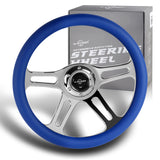 W-Power 14" 350mm 6-Bolt Hole Vintage Style Blue Leather Grip With Aluminum Finished 3-Spoke Steering Wheel -Chrome Center Spoke