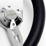 W-Power 14" 350mm 6-Bolt Hole Vinyl Grip With Aluminum Finished 3-Spoke Steering Wheel -Black Vinyl Wrap/Chrome Center Spoke