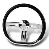 W-Power 14" 350mm 6-Bolt Hole Vinyl Grip With Aluminum Finished 3-Spoke Steering Wheel -Black Vinyl Wrap/Chrome Center Spoke