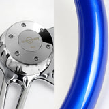 W-Power 18" 457mm 5-Bolt Hole With Aluminum Finished 4-Spoke Half Wrap Steering Wheel -Blue Wood Grip/Chrome Center Spoke