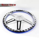 W-Power 18" 457mm 5-Bolt Hole With Aluminum Finished 4-Spoke Half Wrap Steering Wheel -Blue Wood Grip/Chrome Center Spoke