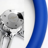W-Power 18" 457mm 5-Bolt Hole With Aluminum Finished 4-Spoke Half Wrap Steering Wheel -Blue Leather Grip/Chrome Center Spoke