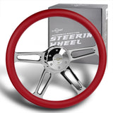 W-Power 18" 457mm 5-Bolt Hole With Aluminum Finished 4-Spoke Half Wrap Steering Wheel -Red Leather Grip/Chrome Center Spoke