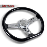 W-Power 18" 457mm 6-Bolt D-Shape Steering Wheel with Aluminum 3-Spoke Center - Black Wood Grip / Chrome Spoke