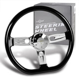 W-Power 18" 457mm 6-Bolt D-Shape Steering Wheel with Aluminum 3-Spoke Center - Black Wood Grip / Chrome Spoke