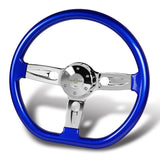 W-Power 18" 457mm 5-Bolt D-Shape Steering Wheel with Aluminum 3-Spoke Center - Metallic Blue Wood Grip / Chrome Spoke