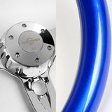 W-Power 18" 457mm 5-Bolt D-Shape Steering Wheel with Aluminum 3-Spoke Center - Metallic Blue Wood Grip / Chrome Spoke