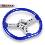 W-Power 18" 457mm 5-Bolt D-Shape Steering Wheel with Aluminum 3-Spoke Center - Metallic Blue Wood Grip / Chrome Spoke