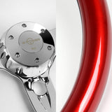 W-Power 18" 457mm 5-Bolt D-Shape Steering Wheel with Aluminum 3-Spoke Center - Metallic Red Wood Grip / Chrome Spoke
