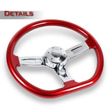 W-Power 18" 457mm 5-Bolt D-Shape Steering Wheel with Aluminum 3-Spoke Center - Metallic Red Wood Grip / Chrome Spoke
