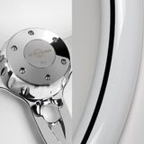 W-Power 18" 457mm 5-Bolt D-Shape Steering Wheel with Aluminum 3-Spoke Center - White Wood Grip / Chrome Spoke