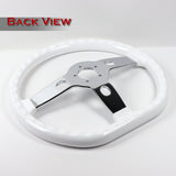 W-Power 18" 457mm 5-Bolt D-Shape Steering Wheel with Aluminum 3-Spoke Center - White Wood Grip / Chrome Spoke