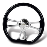 W-Power 14" 350mm 6-Bolt D-Shape Steering Wheel with Aluminum 3-Spoke Center - Black Wood Grip / Chrome Spoke