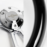 W-Power 14" 350mm 6-Bolt D-Shape Steering Wheel with Aluminum 3-Spoke Center - Black Wood Grip / Chrome Spoke