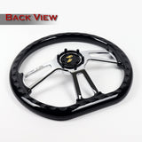 W-Power 14" 350mm 6-Bolt D-Shape Steering Wheel with Aluminum 3-Spoke Center - Black Wood Grip / Chrome Spoke