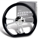 W-Power 14" 350mm 6-Bolt D-Shape Steering Wheel with Aluminum 3-Spoke Center - Black Wood Grip / Chrome Spoke