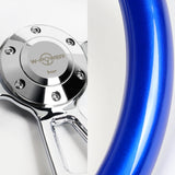 W-Power 14" 350mm 6-Bolt D-Shape Steering Wheel with Aluminum 3-Spoke Center - Metallic Blue Wood Grip / Chrome Spoke