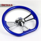 W-Power 14" 350mm 6-Bolt D-Shape Steering Wheel with Aluminum 3-Spoke Center - Metallic Blue Wood Grip / Chrome Spoke
