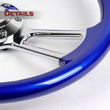 W-Power 14" 350mm 6-Bolt D-Shape Steering Wheel with Aluminum 3-Spoke Center - Metallic Blue Wood Grip / Chrome Spoke