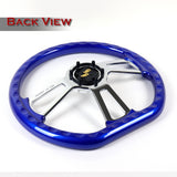 W-Power 14" 350mm 6-Bolt D-Shape Steering Wheel with Aluminum 3-Spoke Center - Metallic Blue Wood Grip / Chrome Spoke