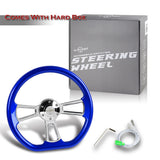 W-Power 14" 350mm 6-Bolt D-Shape Steering Wheel with Aluminum 3-Spoke Center - Metallic Blue Wood Grip / Chrome Spoke