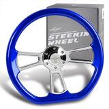 W-Power 14" 350mm 6-Bolt D-Shape Steering Wheel with Aluminum 3-Spoke Center - Metallic Blue Wood Grip / Chrome Spoke