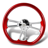 W-Power 14" 350mm 6-Bolt D-Shape Steering Wheel with Aluminum 3-Spoke Center - Metallic Red Wood Grip / Chrome Spoke