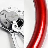 W-Power 14" 350mm 6-Bolt D-Shape Steering Wheel with Aluminum 3-Spoke Center - Metallic Red Wood Grip / Chrome Spoke