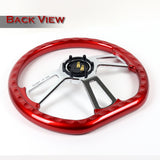 W-Power 14" 350mm 6-Bolt D-Shape Steering Wheel with Aluminum 3-Spoke Center - Metallic Red Wood Grip / Chrome Spoke