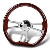 W-Power 14" 350mm 6-Bolt D-Shape Steering Wheel with Aluminum 3-Spoke Center - Dark Wood Mahogany Wood Grip / Chrome Spoke
