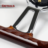 W-Power 14" 350mm 6-Bolt D-Shape Steering Wheel with Aluminum 3-Spoke Center - Dark Wood Mahogany Wood Grip / Chrome Spoke