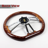W-Power 14" 350mm 6-Bolt D-Shape Steering Wheel with Aluminum 3-Spoke Center - Dark Wood Mahogany Wood Grip / Chrome Spoke