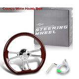 W-Power 14" 350mm 6-Bolt D-Shape Steering Wheel with Aluminum 3-Spoke Center - Dark Wood Mahogany Wood Grip / Chrome Spoke