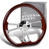 W-Power 14" 350mm 6-Bolt D-Shape Steering Wheel with Aluminum 3-Spoke Center - Dark Wood Mahogany Wood Grip / Chrome Spoke