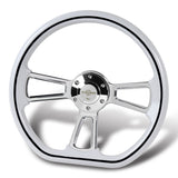 W-Power 14" 350mm 6-Bolt D-Shape Steering Wheel with Aluminum 3-Spoke Center - White Wood Grip / Chrome Spoke