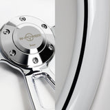 W-Power 14" 350mm 6-Bolt D-Shape Steering Wheel with Aluminum 3-Spoke Center - White Wood Grip / Chrome Spoke
