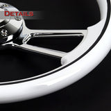W-Power 14" 350mm 6-Bolt D-Shape Steering Wheel with Aluminum 3-Spoke Center - White Wood Grip / Chrome Spoke