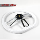 W-Power 14" 350mm 6-Bolt D-Shape Steering Wheel with Aluminum 3-Spoke Center - White Wood Grip / Chrome Spoke