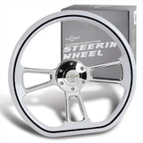 W-Power 14" 350mm 6-Bolt D-Shape Steering Wheel with Aluminum 3-Spoke Center - White Wood Grip / Chrome Spoke